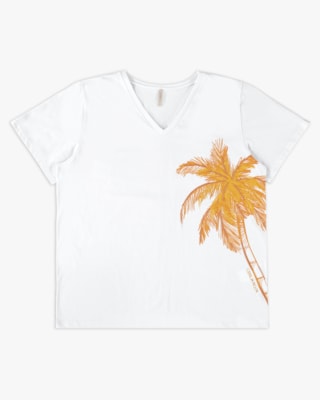 T-shirt Decote V em Meia Malha - Cereja Rosa - Branco GG