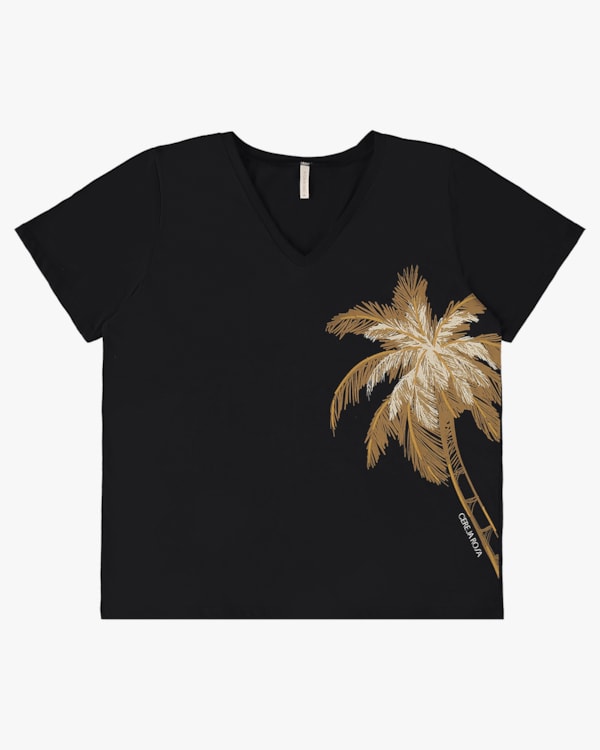 T-shirt Decote V em Meia Malha - Cereja Rosa - Preto P