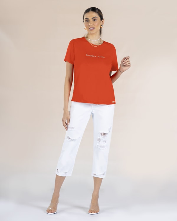 T-shirt em Meia Malha com Bordado - Cereja Rosa - Carrot  P