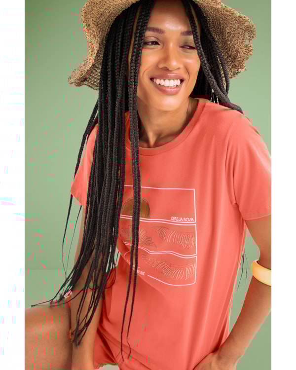 T-shirt em Meia Malha com Estampa Cereja Rosa