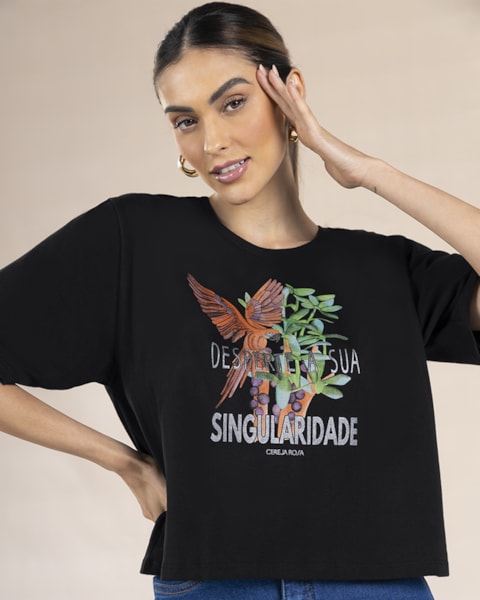 T-shirt em Meia Malha com Estampa Metalizada - Cereja Rosa