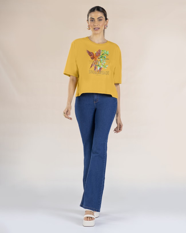 T-shirt em Meia Malha com Estampa Metalizada - Cereja Rosa - Mostarda-c17ab34f-e611-496d-a4ac-e84fbba1e016