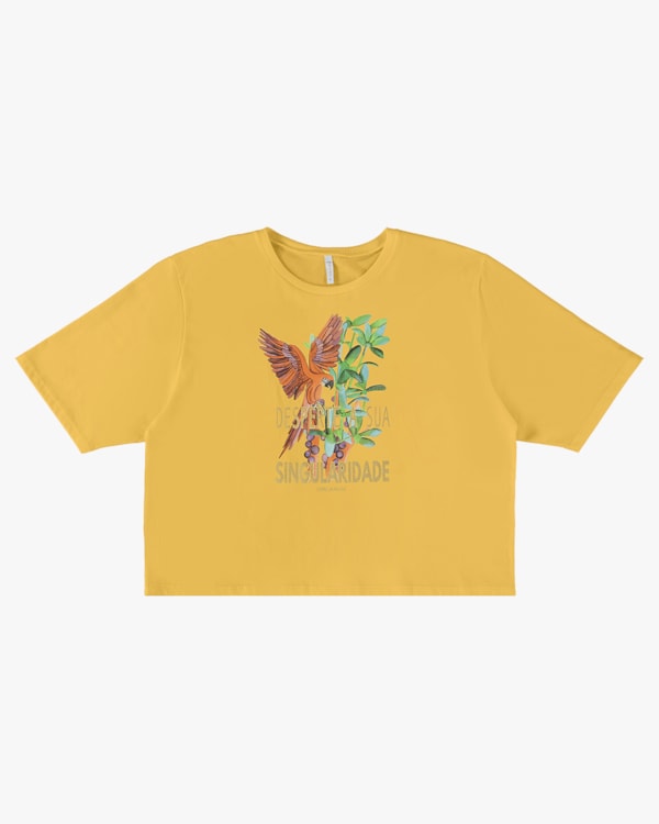 T-shirt em Meia Malha com Estampa Metalizada - Cereja Rosa - Mostarda P