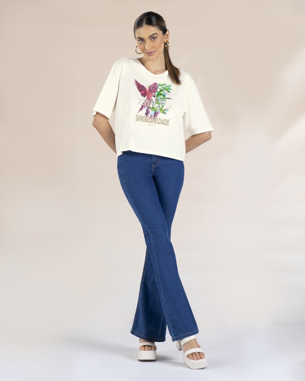 T-shirt em Meia Malha com Estampa Metalizada - Cereja Rosa - Natural