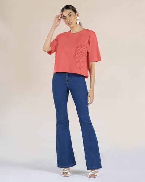 T-shirt em Meia Malha com Manga Ampla - Cereja Rosa - Lagosta