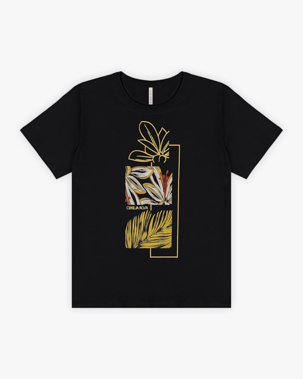 T-shirt Feminina com Estampa Metalizada em Meia Malha - Cereja Rosa - Preto