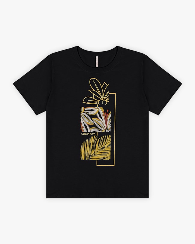 T-shirt Feminina com Estampa Metalizada em Meia Malha - Cereja Rosa - Preto-3f047572-66cf-4c1e-babb-367e17c3d0e6