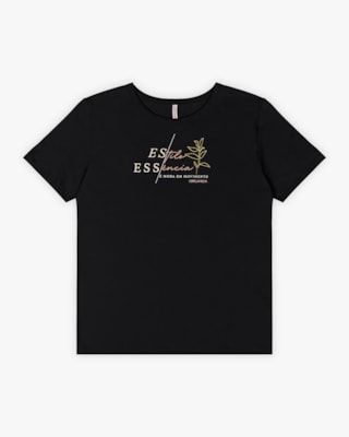 T-shirt Feminina em Peia Palha com Estampa - Cereja Rosa - Preto
