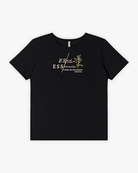 T-shirt Feminina em Peia Palha com Estampa - Cereja Rosa - Preto