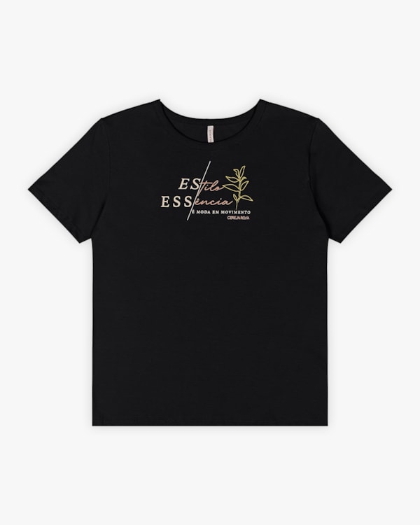 T-shirt Feminina em Peia Palha com Estampa - Cereja Rosa - Preto