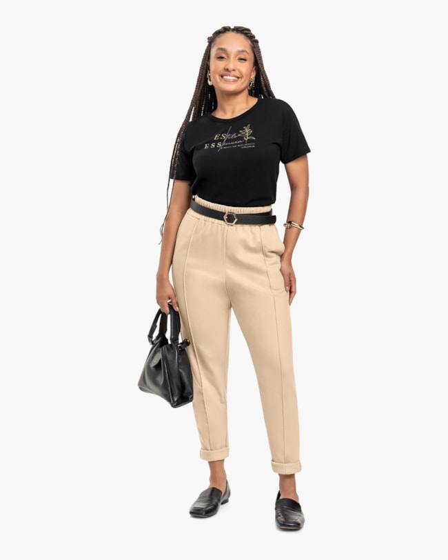 T-shirt Feminina em Peia Palha com Estampa - Cereja Rosa - Preto-8de69b11-2da2-4fc2-b72c-ff3642663910