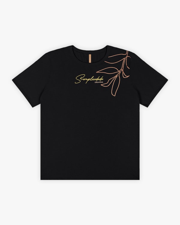T-shirt Feminina Plus Size em Meia Malha com Estampa - Cereja Rosa - Preto