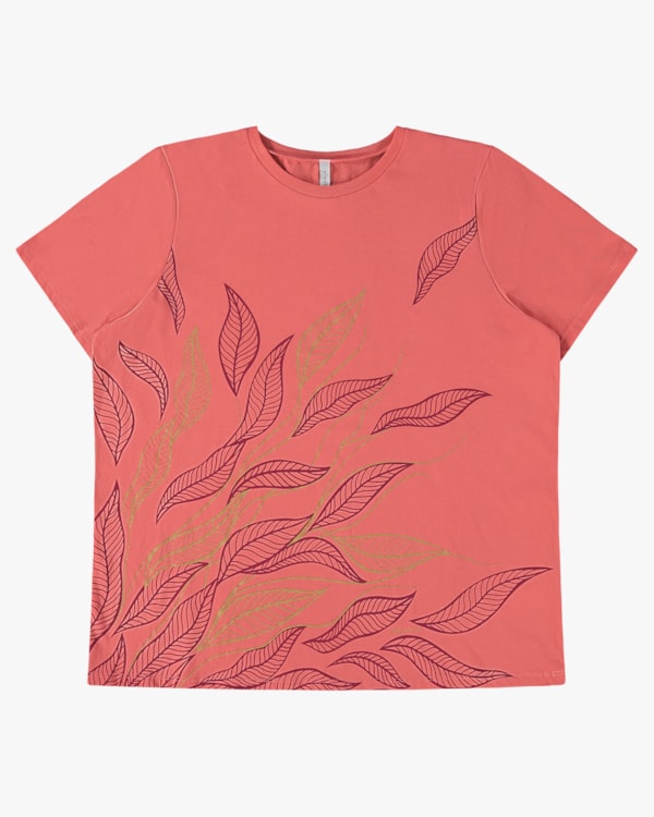 T-shirt Plus Size com Estampa Folhagens - Cereja Rosa - Lagosta P