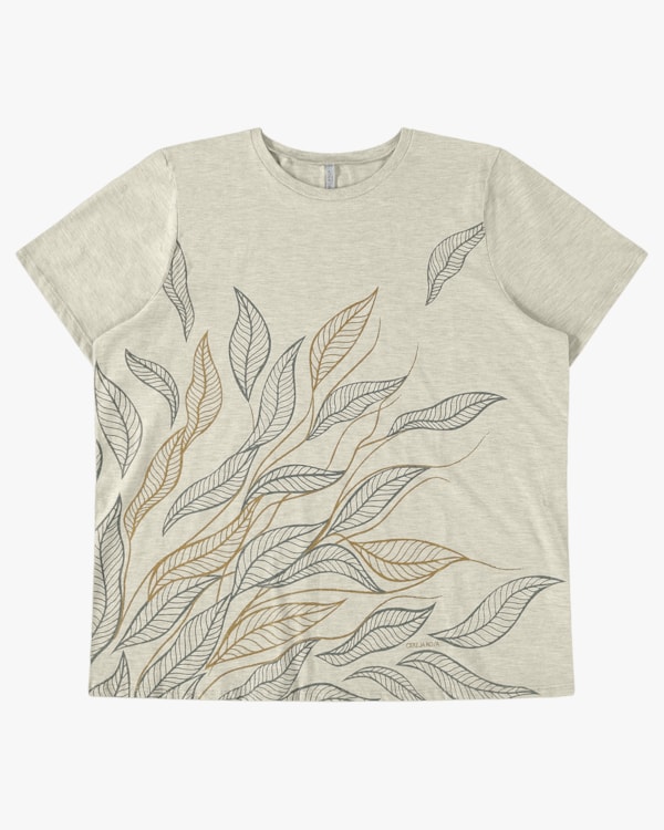 T-shirt Plus Size com Estampa Folhagens - Cereja Rosa - Mescla P