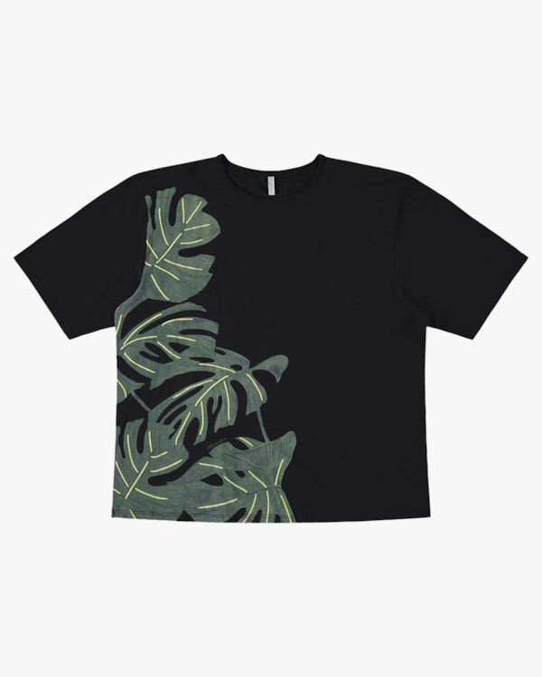 T-shirt Plus Size em Meia Malha com Estampa - Cereja Rosa - Preto P