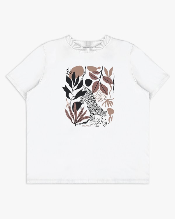 T-shirt Plus Size em Meia Malha com Retilínea - Cereja Rosa - Branco