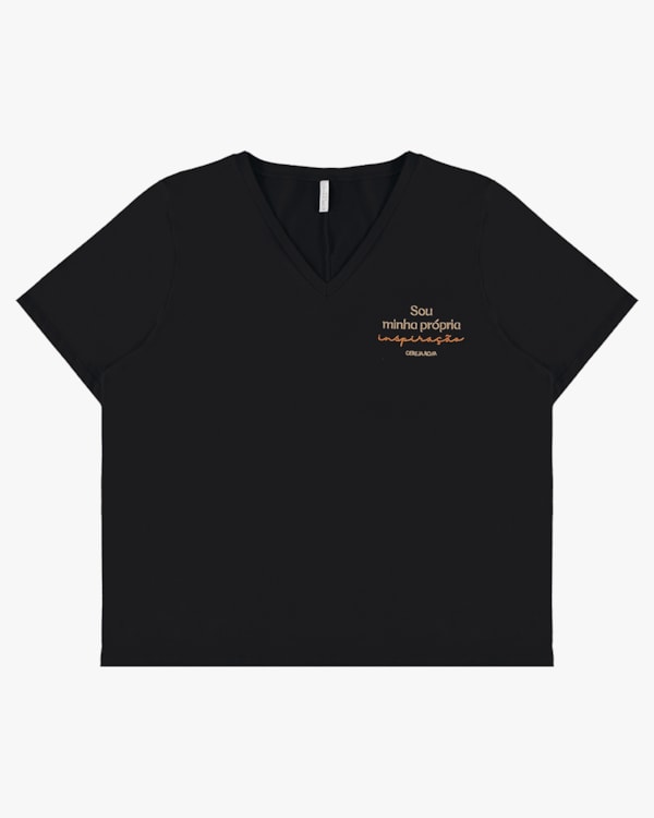 T-shirt Plus Size em Meia Malha Decote V - Cereja Rosa - Preto P