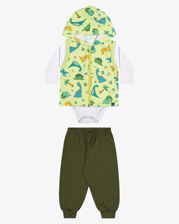 Trijunto Bebê Menino com Body, Colete e Calça ReiRex- Branco