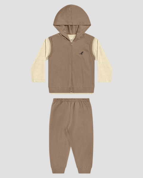 Trijunto Bebê Menino com Camiseta, Colete e Calça - ReiRex - Bege