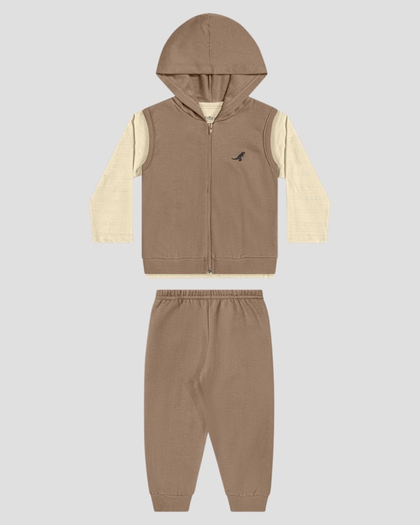 Trijunto Bebê Menino com Camiseta, Colete e Calça - ReiRex - Bege