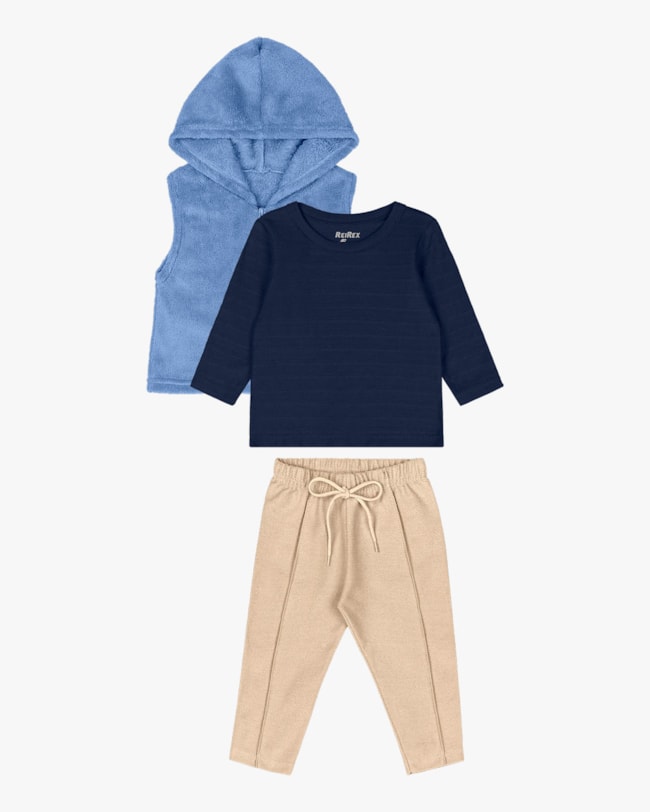 Trijunto Bebê Menino com Camiseta e Colete - ReiRex - Azul-d5f0bd27-6976-4c5b-a811-63f247ee5fce