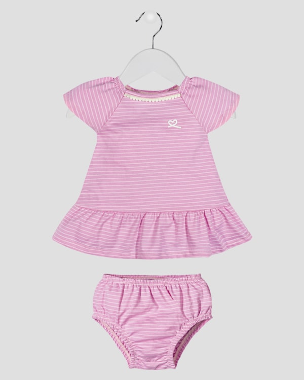 Vestido Bebê com Calcinha em Malha Listrada - Kely Kety - Rosa