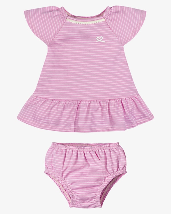 Vestido Bebê com Calcinha em Malha Listrada - Kely Kety - Rosa