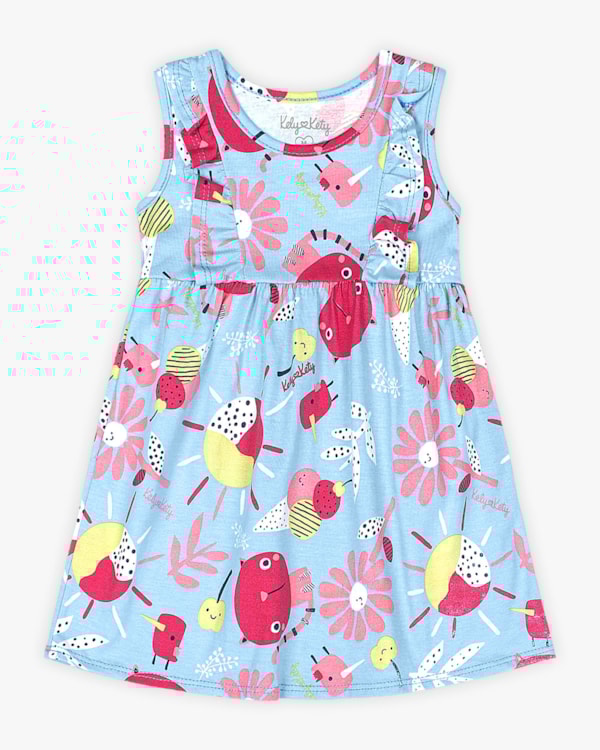 Vestido Bebê em Meia Malha Estampa Gatinhos- Kely Kety - Azul