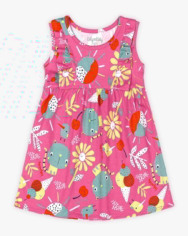 Vestido Bebê em Meia Malha Estampa Gatinhos- Kely Kety - Rosa 01