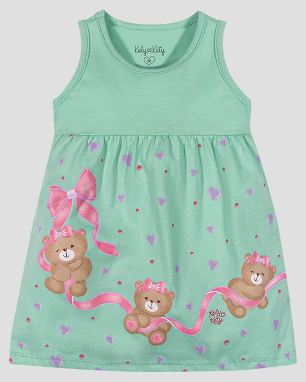 Vestido Bebê em Meia Malha Estampa Ursinhos Kely Kety Verde