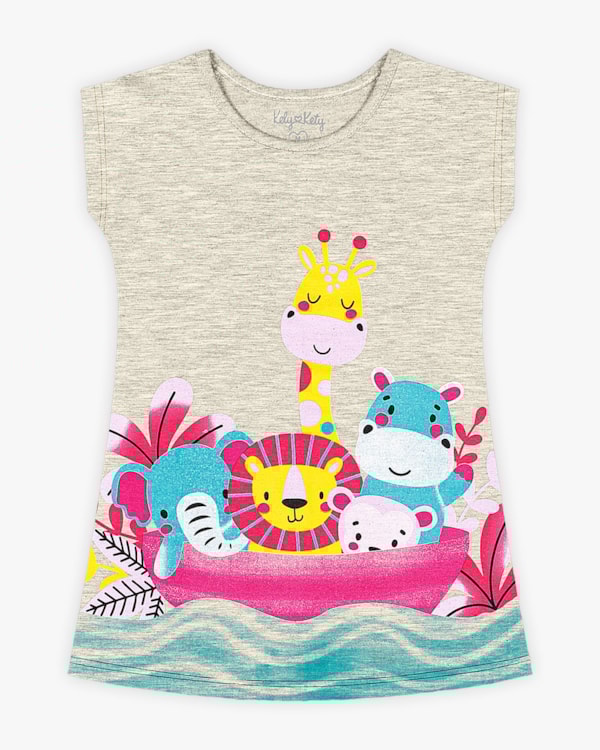 Vestido Bebê Estampa Animais em Meia Malha - Kely Kety - Mescla