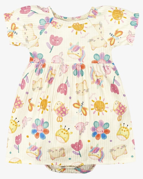 Vestido Body Bebê em Malha Canelada Estampado - Kely Kety - Natural