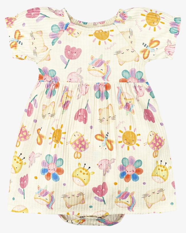 Vestido Body Bebê em Malha Canelada Estampado - Kely Kety - Natural-f27db040-1550-420d-87c0-329e25c54eaf