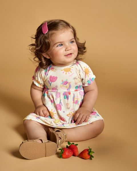 Vestido Body Bebê em Malha Canelada Estampado - Kely Kety - Natural