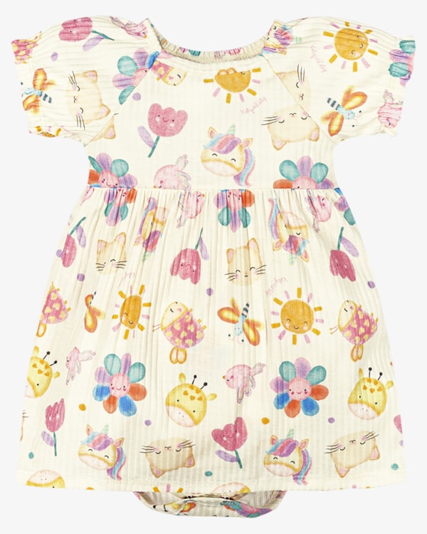 Vestido Body Bebê em Malha Canelada Estampado - Kely Kety - Natural