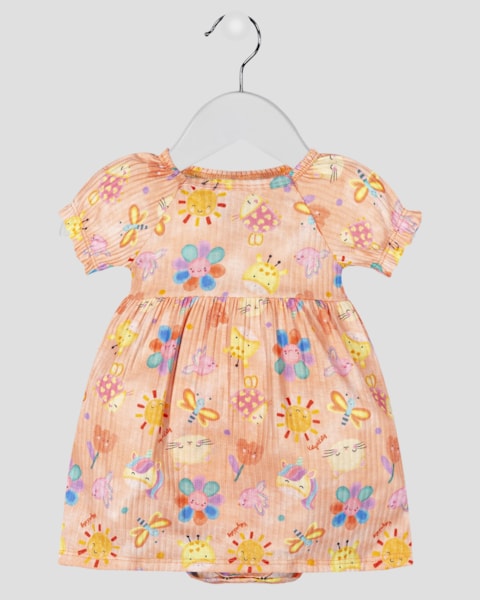 Vestido Body Bebê em Malha Canelada Estampado - Kely Kety - Salmão