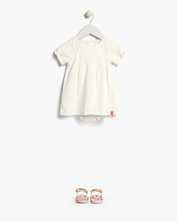 Vestido Body Bebê em Malha Laise Manga Bufante -Kely Kety - Natural