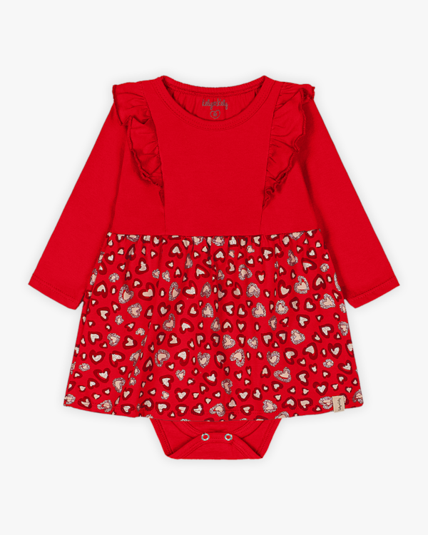 Vestido Body Bebê Manga Longa com Babado e Estampa - Kely Kety - Vermelho