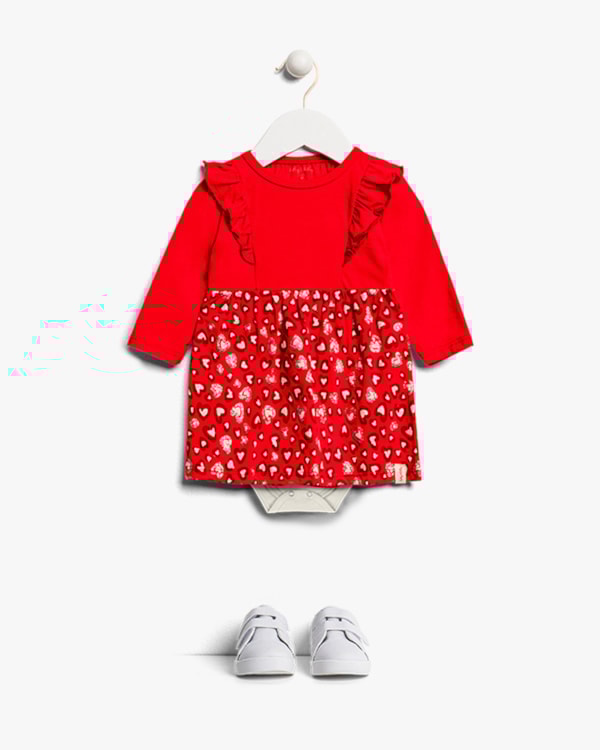 Vestido Body Bebê Manga Longa com Babado e Estampa - Kely Kety - Vermelho