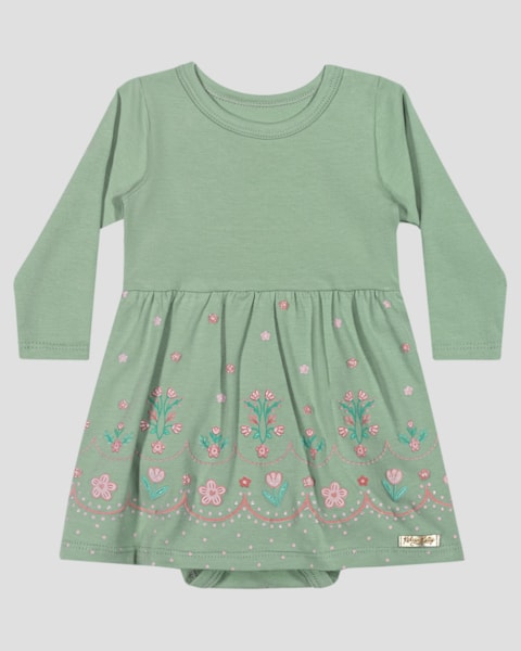 Vestido Body Bebê Manga Longa com Estampa Relevo - Kely Kety - Verde
