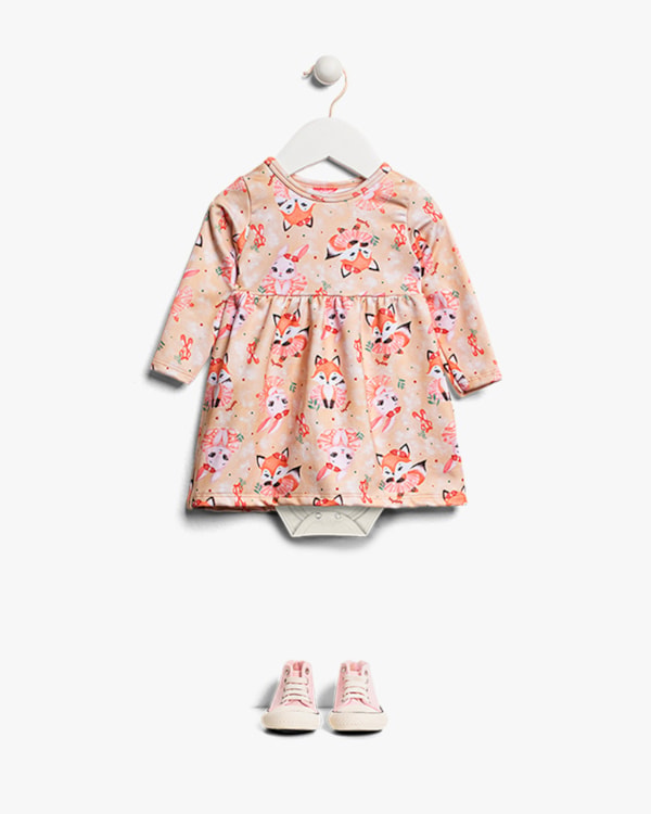Vestido Body Bebê Manga Longa Estampado - Kely Kety - Bege