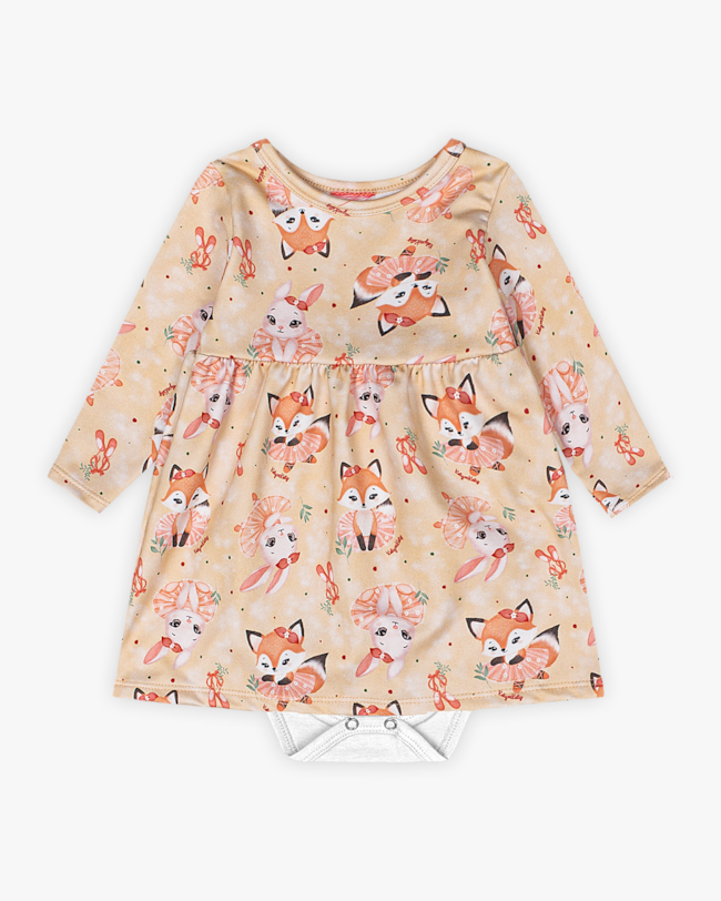 Vestido Body Bebê Manga Longa Estampado - Kely Kety - Bege-feac3710-dbb1-45e1-9761-ca9dd9fd43b5