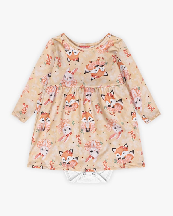 Vestido Body Bebê Manga Longa Estampado - Kely Kety - Bege