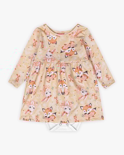 Vestido Body Bebê Manga Longa Estampado - Kely Kety - Bege
