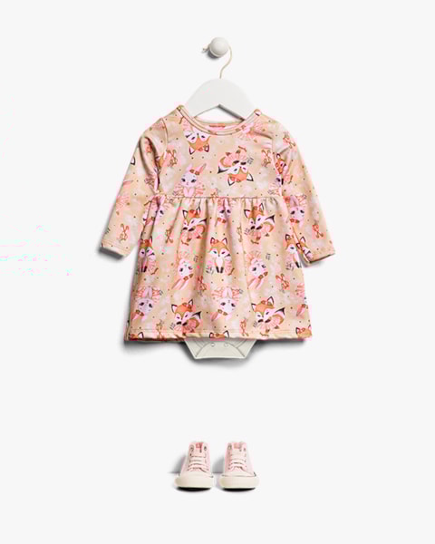 Vestido Body Bebê Manga Longa Estampado - Kely Kety - Bege