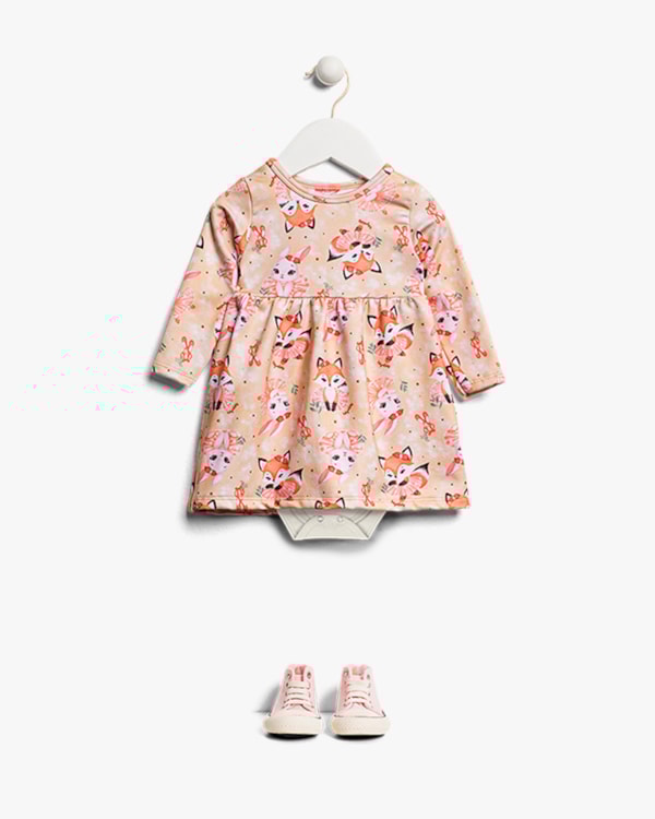 Vestido Body Bebê Manga Longa Estampado - Kely Kety - Bege