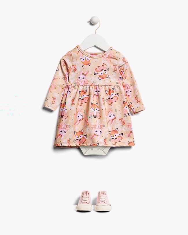 Vestido Body Bebê Manga Longa Estampado - Kely Kety - Bege-f606055e-03e9-4d4b-ad09-34d4f8d6d7c6