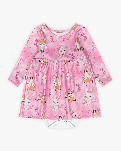 Vestido Body Bebê Manga Longa Estampado - Kely Kety - Rosa