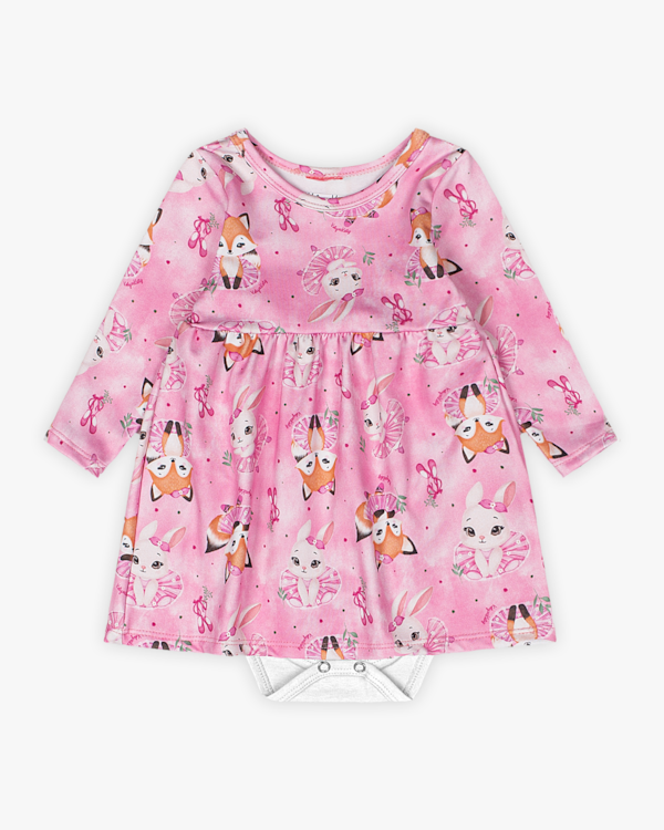 Vestido Body Bebê Manga Longa Estampado - Kely Kety - Rosa