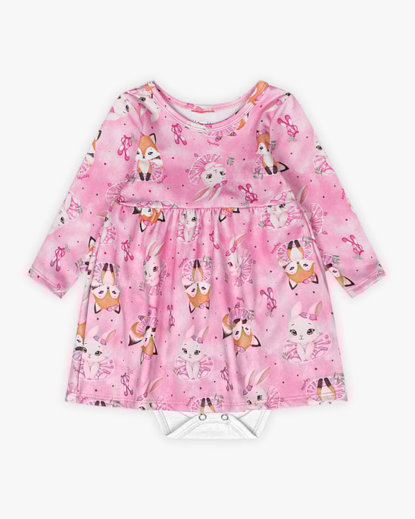 Vestido Body Bebê Manga Longa Estampado - Kely Kety - Rosa